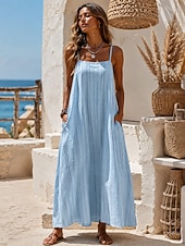 ieftine Rochii boho-Pentru femei Rochie Maxi Rochie Boho Epocă Vacanță Potrivire Largă Dungi Fără manșon Pătrat Albastru Deschis Alb Galben Vară