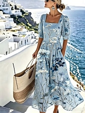 abordables Robes fleuries-Femmes Robe Midi Robe Décontractée Robe trapèze Élégant Vacances Plage Fête Coupe régulière Fleuri Graphique Manche Courte Col carré Bleu Blanche Gris Été Printemps