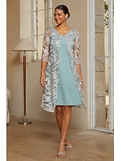 economico Rifinitura-Per donna Completi da abito in due pezzi Tubino Colonna Abito da Cocktail Abito da invitata a nozze Lunghezza al ginocchio Scollo a V Manica 3/4 Manica illusione Elegante con Pizzo Tessuto
