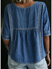  camisa de mujer camisa boho camisa estilo denim camisa de encaje camisa casual encaje patchwork color liso vintage western casual manga corta cuello en V tops regulares casual diario vacaciones azul
