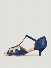 abordables Rétro des années 1950-Escarpins Mary Jane vintage années 1950 pour femme - chaussures bleu marine à bout ouvert et bride en T ornées d'une fleur dorée, idéales pour une soirée à thème rétro.