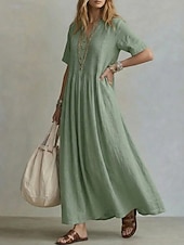 economico Vestito Semplice-abito lungo da donna elegante stile bohémien boho con pieghe, scollo a V, maniche corte, vestibilità ampia, tinta unita, blu chiaro, azzurro, giallo, verde chiaro, estate primavera