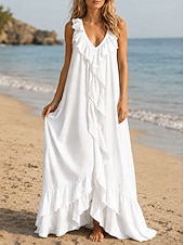 baratos Vestido branco-Mulheres Vestido Longo Vestido casual Vestido de verão Vestido plissado Básico Clássico Diário Praia Férias Ajuste Largo Tecido Sem Manga Decote V Azul Branco Rosa Vinho Verão Primavera