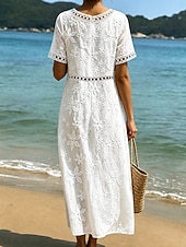  Femmes Robe Midi Robe en Dentelle Robe Blanche Robe d'été Élégant Mode Plage Vacances Fête Coupe régulière Fleuri Manche Courte Col ras du cou Blanche Été Printemps