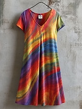  Women's Knee Length Dress Shift Dress T Shirt Dress Tee Dress Summer Dress Elegant Bohemia Vacation Beach Party Holiday Regular Fit Floral Star Tropical Short Sleeve V Neck White Maroon Red Rainbow