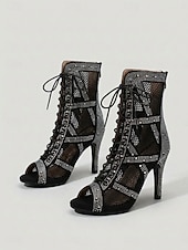 voordelige Danslaarzen-Women's Black Sparkle Rhinestone Ballroom Dance Boots – Black Mesh Latin Dance Heels with Lace-Up Design &amp; Back Zipper for Salsa, Tango, Bachata &amp; Stage Performance