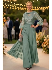 economico Tute della mamma-Tuta Completo Pantalone Lunghezza al pavimento Abito da cerimonia per signora Mezza Manica Collo gioiello Elegante Vintage Ospite di nozze Chiesa Chiffon con Piuma Paillettes Applicazioni