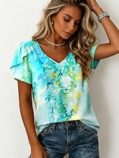 abordables Floral Blouses-Women's Blouse Print Floral Graphic Vintage Daily Stylish Short Sleeve V Neck Regular Tops Casual Daily Yellow Pink Green Summer Spring