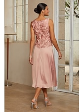 cheap Polished Edit-Women's A-Line 2-Piece Dress Sets Cocktail Dress Wedding Guest Dress Tea Length Crew Neck Sleeveless 3/4 Length Sleeve Illusion Sleeve Elegant Mother Of The Bride with Satin Lace Floral Combo Splicing