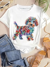 お買い得  動物のTシャツ-女性用 Tシャツ プリント グラフィック 動物 犬 スタイリッシュ クラシック カジュアル 半袖 クルーネック レギュラートップス カジュアル 日常 ブルー イエロー レインボー 夏 春