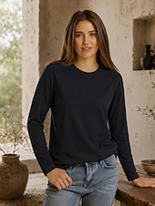 ieftine tricou simplu-Tricouri de damă din bumbac 100% - tricou de calitate, cu mânecă lungă și guler rotund