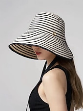 cheap Women's Hats-Women's Striped Foldable Sun Hat, Wide Brim Polyester Beach Hat for Women, Packable Summer Travel Vacation Cap, Elegant UV Protection Hat