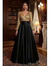 economico Abiti da Sera a Linea A-Linea ad A Lunghezza al pavimento Abito da Sera Da principessa Abito formale Elegante Scintillante Setoso Manica Lunga Scollo a V Matrimonio Formale Tasca Raso Con Paillettes con Glitter Pieghe Tasca