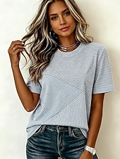baratos Camiseta listrada e geométrica-Mulheres Camiseta Imprimir Listrado Gráfico Listrado à moda Clássico Casual Manga Curta Gola Redonda Tops regulares Casual Diário Azul Rosa Roxo Verão Primavera