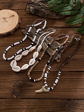 billiga Herrsmycken-herrskal &amp;Halsband med träpärlor i 4 delar, strandsmycken i lager med hajtandshänge, bohemiskt halsband i kustnära surfstil för semester, resor, festivaler och sommarens vardagskläder