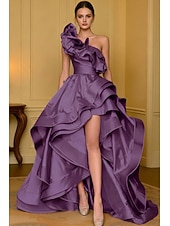 preiswerte Empire-Waist-Abendkleider-A-Linie Asymmetrisch Abiballkleider Abendkleid Ballkleid Festliche Kleidung Elegant Hoher Schlitz Ärmellos Ein-Schulter Hochzeit Formell Satin mit Rüschen Schlitz