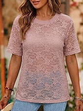  Mulheres Tops de renda Renda Com Transparência Floral Gráfico Elegante Moda Manga Curta Gola Redonda Tops regulares Casual Branco Preto Rosa Verão Primavera