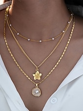 cheap Women's Necklace-Women's 3PCS Layered Necklace Set, Gold Alloy &amp; Faux Pearl Triple Strand Necklace with Flower and Shell Pendant, Elegant Summer Vacation Jewelry Gift