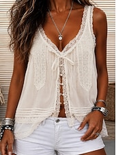 cheap Lace Tops-Women's Lace Splicing Top Cami Top Jacquard Tie Front Lace Trim Elegant Bohemia Active Sleeveless Crew Neck Square Neck Scoop Neck Long Tops Casual Red Dark Green Green Apricot Summer Spring Fall