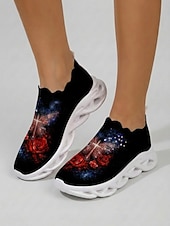  Pantofi sport negri pentru femei cu pernă de aer patriotică – adidași slip-on cu imprimeu de trandafir galaxic cu tema „4 iulie” din SUA, pentru sărbătorirea Zilei Independenței, călătorii și confort