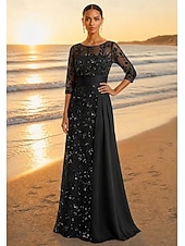 preiswerte A-Linie Abendkleider-A-Linie Bodenlang Ballkleid mit Cape Abendkleid Elegant Glitzernd Glitzern Langarm Rundhalsausschnitt Abschlussball Hochzeit Satin Tüll mit Glitzer Paillette Perlenbestickt