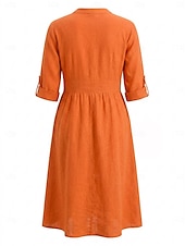 voordelige Jurken-Dames Knielengte jurk Jurken van katoen en linnen Shirtjurk Elegant Vakantie Klassiek Dagelijks Kantoor Vakantie Normale pasvorm Effen Lange mouw V-hals Rood Marineblauw Oranje Zomer Lente