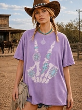 Χαμηλού Κόστους Boho t-shirt-γυναικείο μπλουζάκι από 100% πλυμένο βαμβάκι vintage τοπ με εκτύπωση γραφικό γράμμα vintage μόδα κομψό κοντομάνικο στρογγυλή λαιμόκοψη κανονικές τοπ casual καθημερινό μαύρο ανοιχτό μωβ πράσινο καφέ