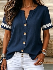  Damen Baumwoll-Leinen-Hemden Textur Kontrastspitze Spitze Vintage Kurzarm V Ausschnitt Normale Oberteile Lässig Koralle Rot Denim Blue Weiß Sommer Frühling