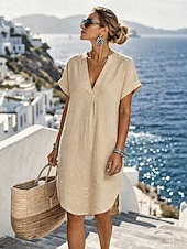 cheap Dresses-Women's Knee Length Dress Linen Dresses Vintage Daily Slim Plain Short Sleeve V Neck Khaki Red Orange Summer