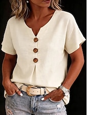  Mujer Camisa Blusa Moda Manga Corta Escote en Pico Tops regulares Casual Blanco Bleu Ciel Verde Trébol Azul Oscuro Rosa Rojo Verano Primavera