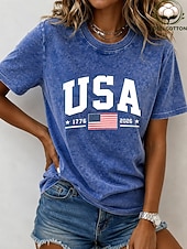  día de la independencia americana Mujer 100% Algodón Camiseta Tops lavados estilo vintage Estampado Graphic Bandera Elegante Básico Casual Manga Corta Cuello Barco Tops largos Casual Diario Azul