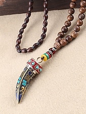 abordables Joyas para hombres-Collar con colgante de cuerno en forma de media luna de estilo bohemio para hombre, cadena larga de cuentas de madera, aleación étnica tribal. &amp;Collar llamativo de cuentas de madera, joyería vintage