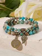 economico Bracciale da donna-Set di braccialetti da donna bohémien a strati con perline di pietra naturale, albero della vita e ciondoli a forma di foglia, gioielli da polso impilabili multicolore in 2 pezzi per l'uso quotidiano,