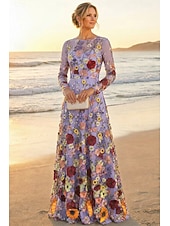 preiswerte Bodenlänge-A-Linie Kleid Bodenlang Brautmutterkleid Langarm Rundhalsausschnitt Elegant Vintage Einfach Formell Hochzeitsgast Semi-Formal Spitze Tüll mit 3D-Blumen Stickerei Applikationen
