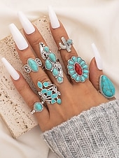 economico Anelli da donna-set di anelli turchesi da donna, anelli impilabili in lega d'argento vintage, gioielli boho sud-occidentali western da cowgirl, anelli vistosi con cactus floreali per vacanze, festival e uso