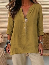 economico Camicie-Camicie da donna 100% cotone con bottoni, tinta unita, vintage, maniche lunghe, scollo a V, top lunghi, casual, rosa chiaro, curcuma, nero, verde oliva, rosso, primavera