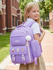 cheap Kids &amp; Teen Backpacks-Girls Backpack Set 2PCS Water-Resistant School Backpack with Pencil Bag, Large Capacity Multi-Pocket Polyester Bookbag, Reflective Safety Strips, Pink Purple Off-White, Ideal for Elementary Middle Sch