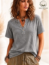  Per donna 100% cotone Maglia Henley Grafico Bandiera Semplice Vintage Moda Elegante Manica Corta Henley Top Regolari Casuale Spiaggia Blu Nero Viola Arancione Rosso rosa Estate Primavera