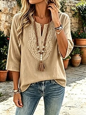 preiswerte Spitzenoberteile-Damen Hemd Boho-Hemd Spitzenbluse Elegant Bohemien Urlaub Dreiviertelarm Lange Oberteile Lässig Täglich Ferien Blau Weiß Khaki Rosa Rote Sommer Frühling