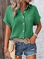 abordables Blusas Sencillas-Mujer Camisa Blusa Retazos Bolsillo Color sólido Elegante Moda Casual Manga Corta Cuello Camisero Tops regulares Casual Rosa Naranja Marrón Verde Trébol Albaricoque Verano Primavera