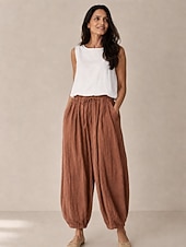 baratos Coleção de Linho Premium-Calça lanterna feminina de linho orgânico com cintura elástica e bolsos.