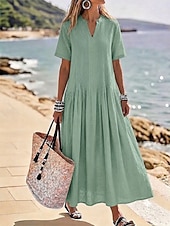 baratos Vestidos Estilo Casual-Mulheres Vestido Longo Vestido casual Vestido de linho de algodão Elegante Férias à moda Ajuste Largo Tecido Manga Curta Decote V Azul Amarelo Claro Verde Sage Verão Primavera