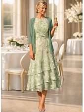 tanie Zestawy sukienek dla mamy-Two Piece A-Line Tea Length Wedding Guest Dress Mother of the Bride Dress Sleeveless 3/4 Length Sleeve Crew Neck Elegant Simple Minimalist Formal Semi Formal Chiffon Jacquard with Floral Print Ruched