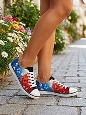  Damskie patriotyczne płócienne trampki z kwiatowym wzorem – czerwono-biało-niebieskie, sznurowane, codzienne buty na Dzień Niepodległości, Dzień Pamięci, obchody Czwartego Lipca i do noszenia na co