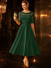 baratos Comprimento do chá-Linha A Longuette Vestido de festa Vestido Coquetel Vestido de convidada de casamento Vestido Para Mãe dos Noivos Meia Manga Scoop pescoço Elegante Vintage Convidado do casamento Cetim Renda com