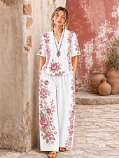  Mujer Camisa Conjuntos de lino y algodón Conjuntos de pantalones Manga Corta Escote en Pico Floral Graphic Geométrico Estampado Vacaciones Moda Ropa de calle Casual Diario Exterior Blanco Rosa