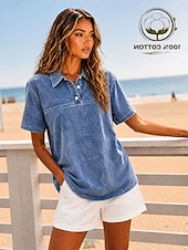  Per donna Maglia Henley Lavaggio acido Lavaggio vintage Tinta unica Elegante Vintage Moda Manica Corta Colletto a Camicia Top lunghi Casuale Spiaggia Blu Viola Verde Estate Primavera