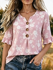 economico Bluse Floreali-Per donna Camicia Bottoni Stampato Floreale Grafico Vintage Elegante Manica 3/4 Scollo a V Top Regolari Casuale Quotidiano Ferie Rosa Rosso Verde Estate Primavera