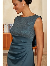 cheap Edición pulida-Women's A-Line Cocktail Dress Wedding Guest Dress Ankle Length Boat Neck Sleeveless Empire Waist Elegant Vintage Mother Of The Bride Semi Formal with Satin Sequin Lace Glitter Ruched Stretchy Ink Blue