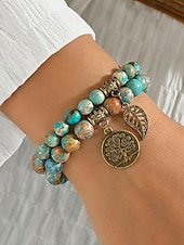 economico Bracciale da donna-Set di braccialetti da donna bohémien a strati con perline di pietra naturale, albero della vita e ciondoli a forma di foglia, gioielli da polso impilabili multicolore in 2 pezzi per l'uso quotidiano,